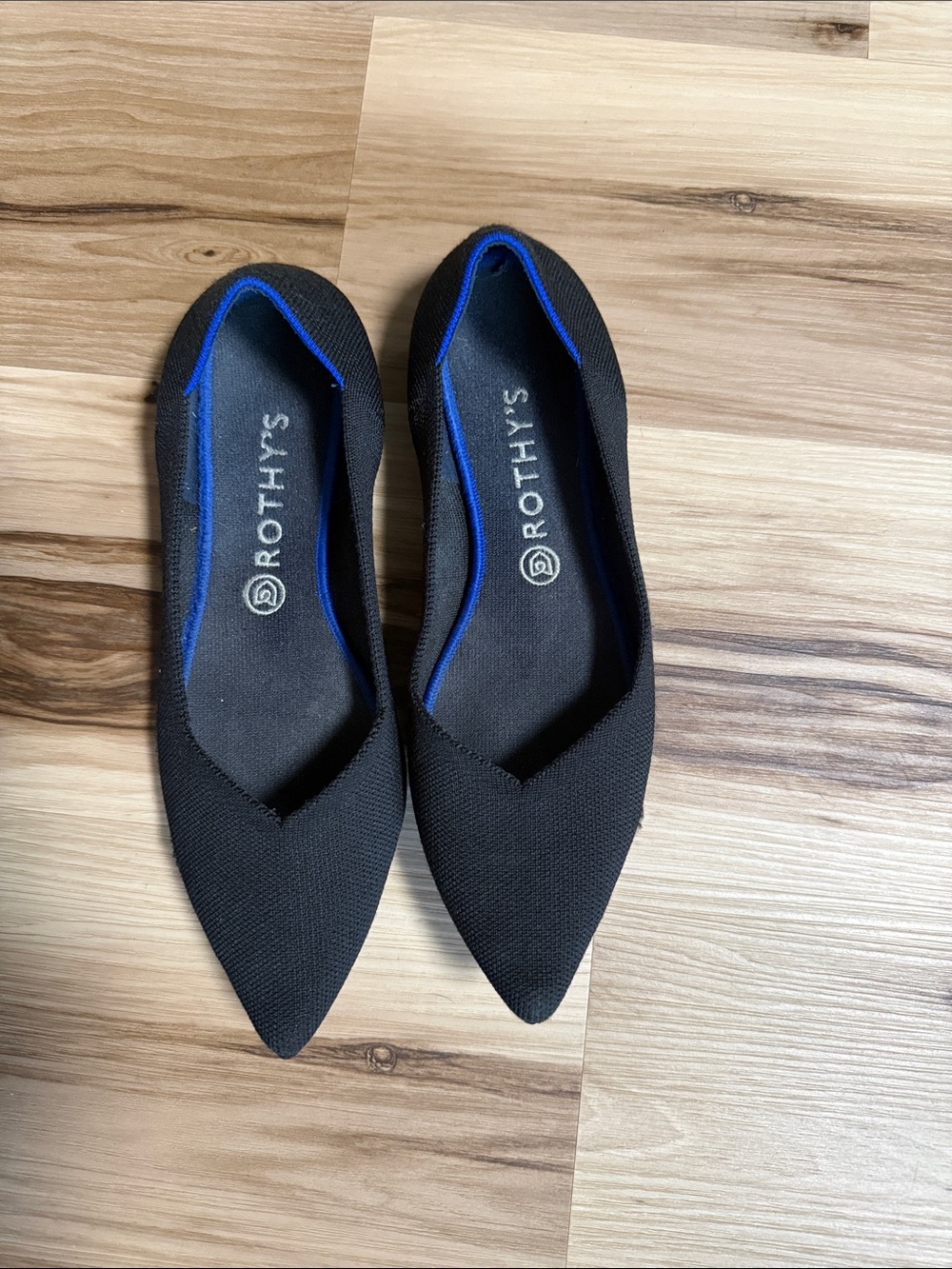 Rothy's Black Pointed Knit Flats with Blue Trim